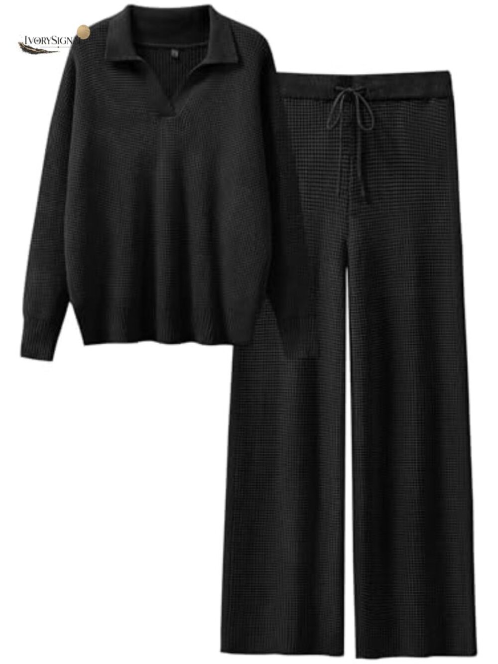 2 Piece Lounge Set for Women Waffle Knit Tracksuit Long Sleeve Pullover Wide